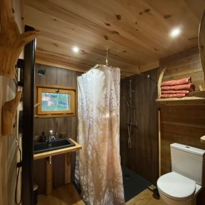 Cabane en bois avec salle de bain moderne, douche et décor chaleureux.