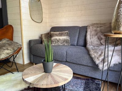 Hébergement insolite en Auvergne : salon cosy avec canapé gris et plantes décoratives.
