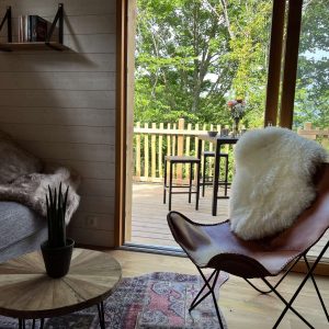 Hébergement insolite en Auvergne : chalet moderne avec vue sur la nature et fauteuil en cuir.
