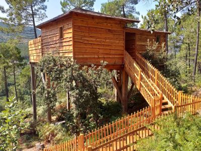 Cabane perchée en bois, entourée darbres, avec une terrasse en bois.
