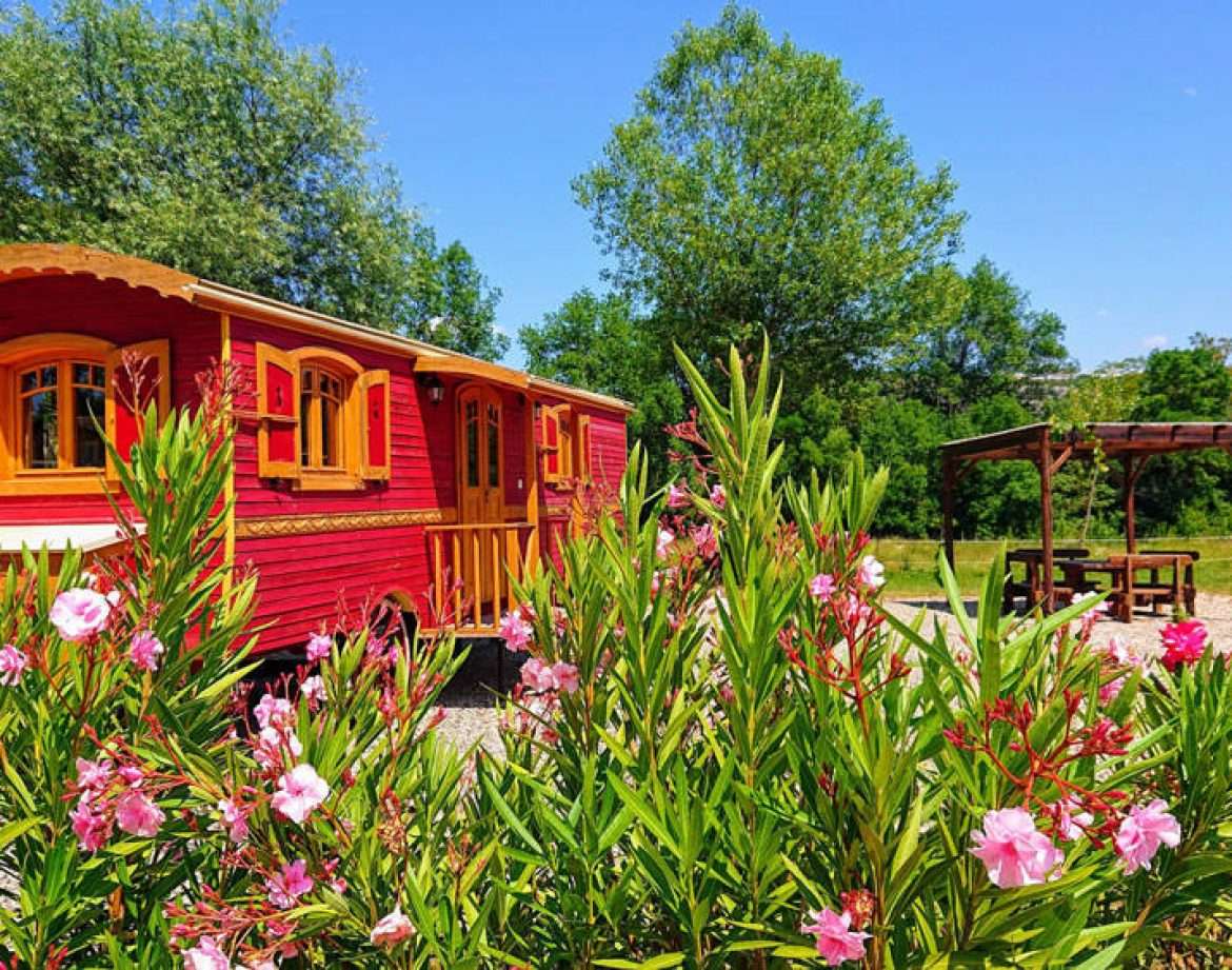 Roulotte colorée entourée de fleurs, au cœur de la nature en Auvergne-Rhône-Alpes.