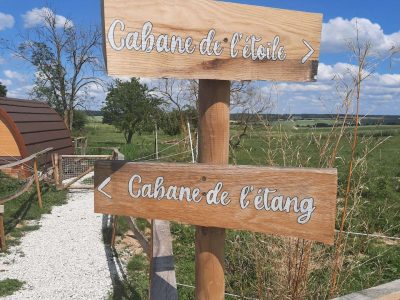 Cabane de létoile et cabane de létang, entourées de verdure et ciel bleu.