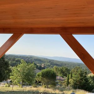 Hébergement insolite en bois avec vue panoramique sur les collines verdoyantes.