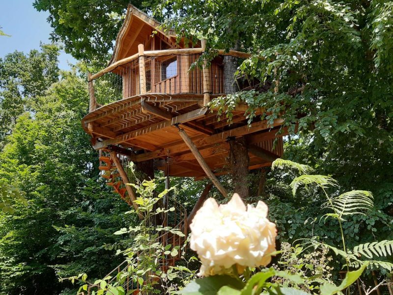 Cabane dans les arbres en Aquitaine, perchée parmi les feuillages verdoyants.