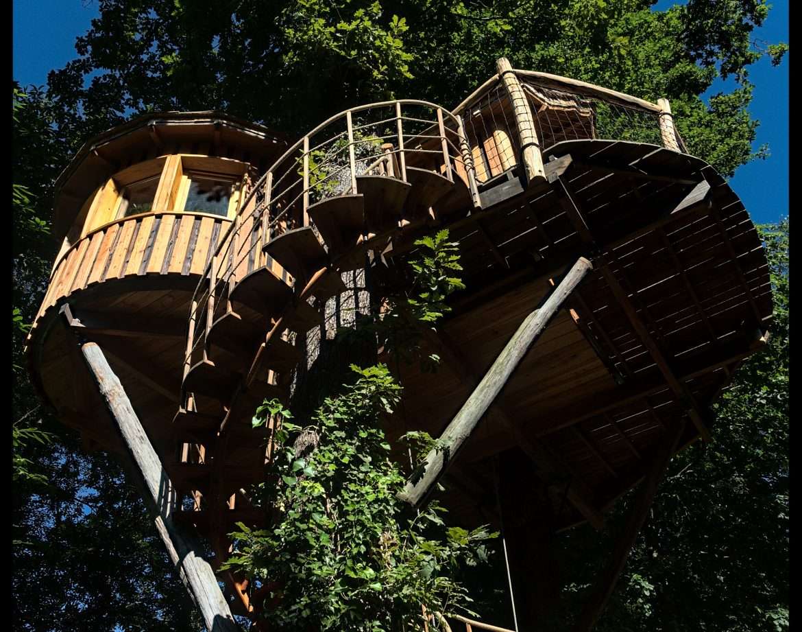 Cabane perchée dans les arbres, avec un escalier en spirale et vue sur la nature.