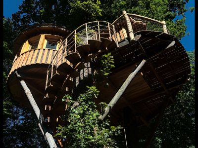 Cabane perchée dans les arbres, avec un escalier en spirale et vue sur la nature.