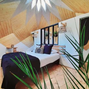 Chalet insolite à Hauts-de-France, intérieur en bois avec un plafond étoilé.