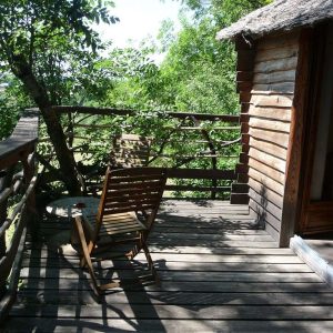 Cabane perchée en bois avec terrasse, entourée de verdure à Auvergne-Rhône-Alpes.