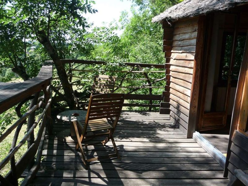 Cabane dans les arbres avec terrasse en bois et vue sur la nature environnante.