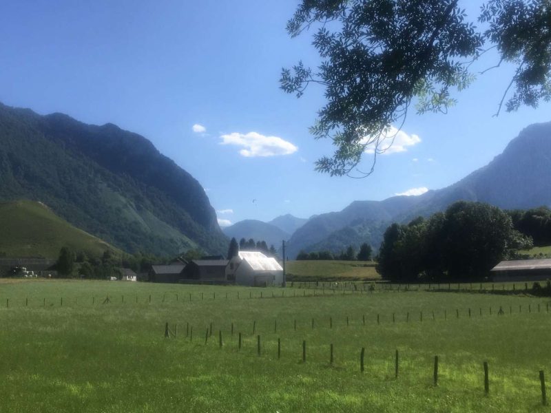 Gîte rural avec vue panoramique sur les montagnes et champs verdoyants.