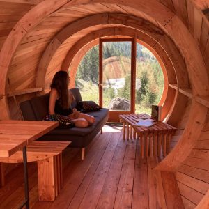 Hébergement insolite en forme de tonneau, intérieur en bois chaleureux avec vue sur la nature.