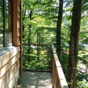Cabane perchée en bois, avec une terrasse donnant sur une forêt verdoyante.