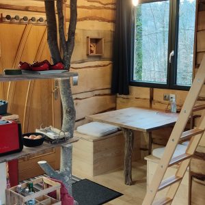 Cabane en bois dans le Grand-Est, avec un intérieur chaleureux et une échelle en bois.