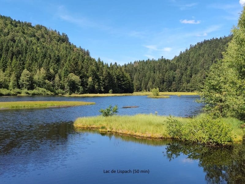 Chalet au bord du lac de Lispach, entouré de verdure et de montagnes.