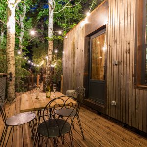 Cabane perchée en bois, terrasse lumineuse entourée darbres en Auvergne-Rhône-Alpes.
