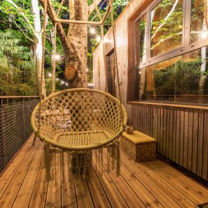 Cabane perchée dans les arbres, avec une chaise en osier sur une terrasse en bois.
