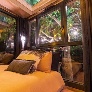 Chalet en bois avec vue sur les arbres et éclairage chaleureux, idéal pour un séjour romantique.