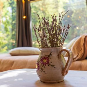 Hébergement insolite en Auvergne-Rhône-Alpes avec un vase en terre cuite et un lit douillet.
