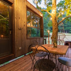 Cabane perchée en bois avec terrasse, illuminée par des guirlandes, au cœur de la nature.