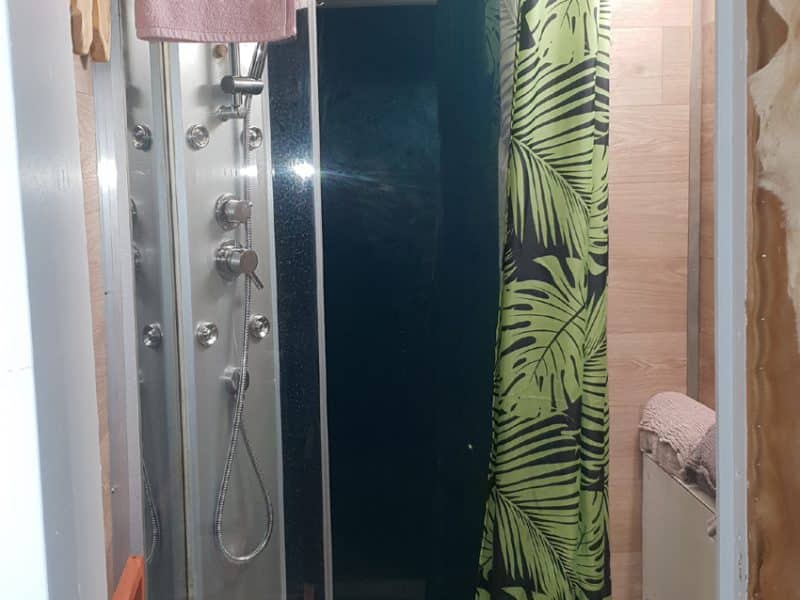 Salle de bain dun hébergement touristique avec douche moderne et rideau tropical.