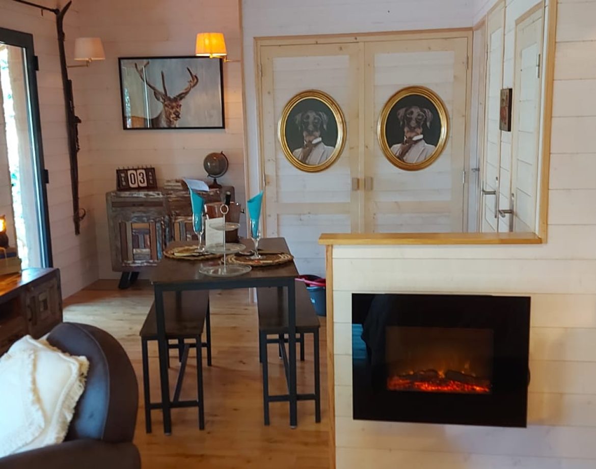 Hébergement insolite en Aquitaine : chalet moderne avec décor vintage et cheminée.
