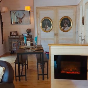 Hébergement insolite en Aquitaine : chalet moderne avec décor vintage et cheminée.