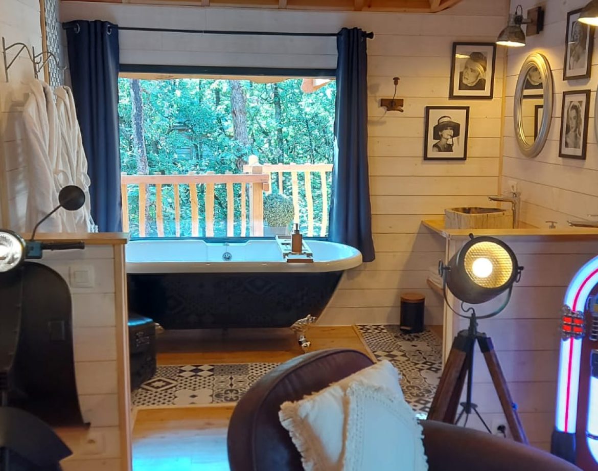 Hébergement insolite en Aquitaine : chalet moderne avec baignoire vintage et jukebox.