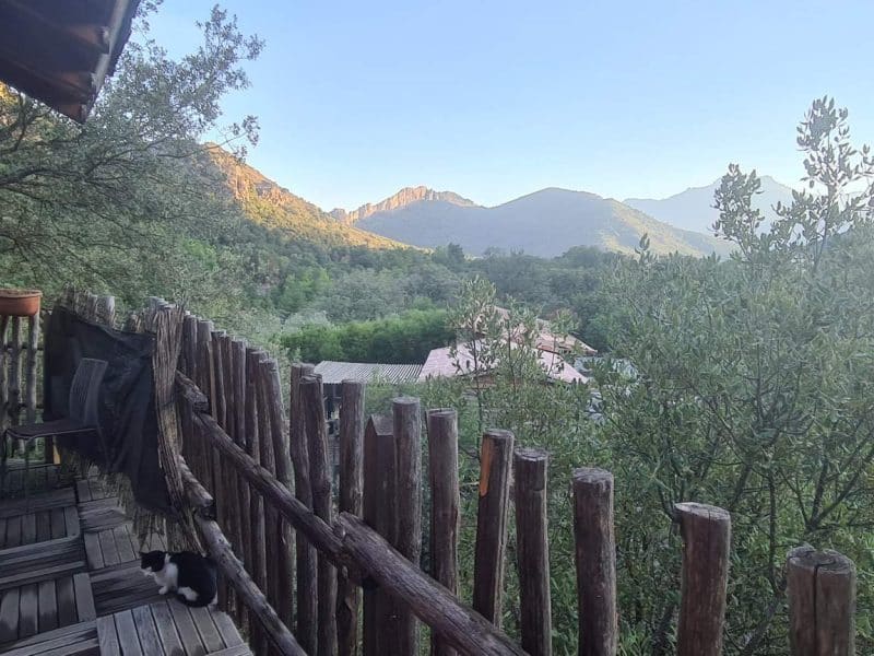 Cabane en bois en Corse, vue panoramique sur les montagnes et la nature environnante.