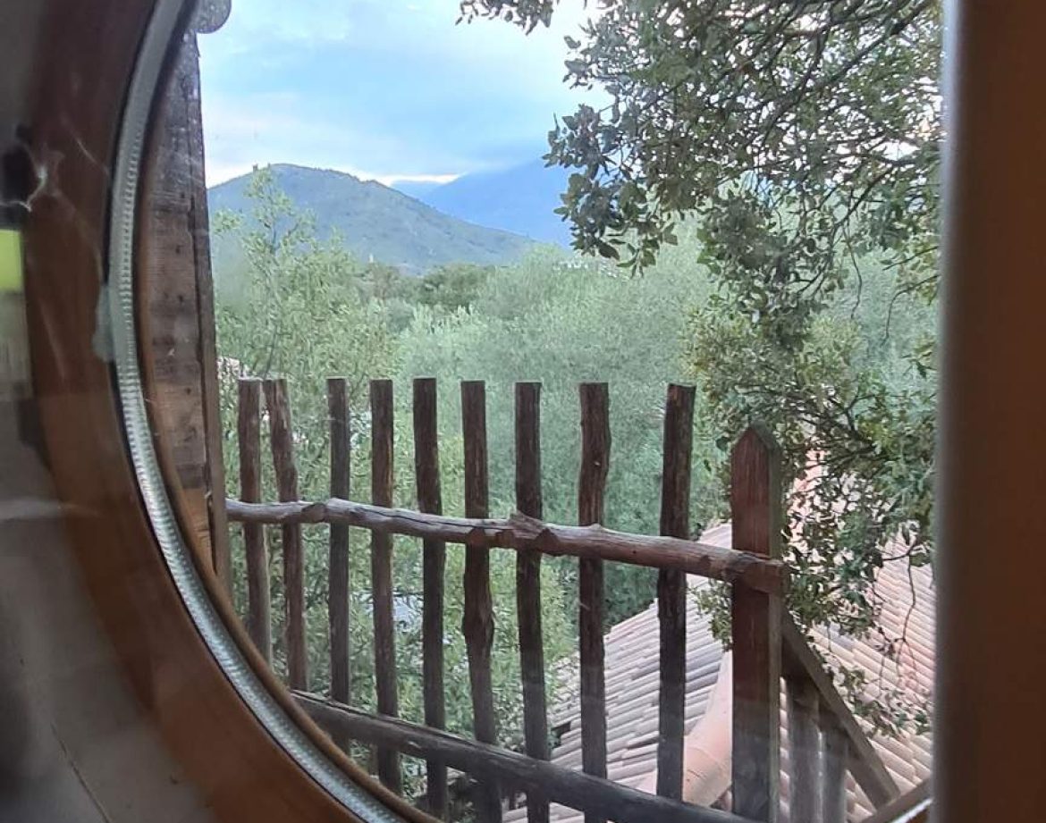 Vue depuis un hublot dun hébergement insolite en Corse, entouré de verdure.