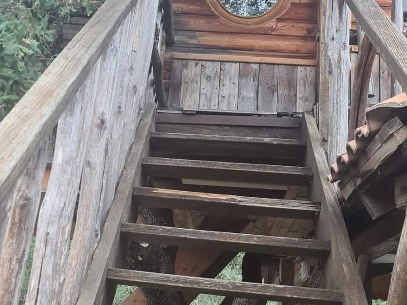 Cabane perchée en Corse, accès par un escalier en bois et fenêtre ronde.
