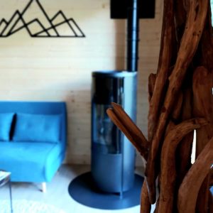 Cabane en bois moderne avec poêle à bois et décoration montagne. Confort et nature.