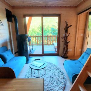 Chalet en bois avec canapés bleus et vue sur la nature depuis la terrasse.