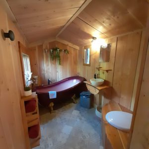 Hébergement insolite en Auvergne-Rhône-Alpes, avec baignoire vintage et bois chaleureux.