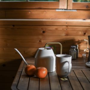 Hébergement insolite en bois dans les Hauts-de-France, avec une table en bois et des agrumes.
