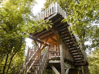 Cabane perchée en bois, entourée de verdure, offrant une vue imprenable sur la nature.
