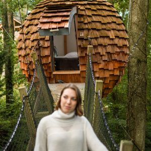 Cabane bulle en bois suspendue, entourée darbres, accès par un pont.