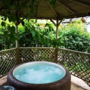 Hébergement insolite en Hauts-de-France avec un jacuzzi entouré de verdure.
