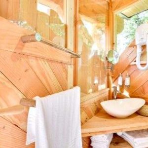 Cabane en bois avec lavabo design et lumière naturelle abondante.