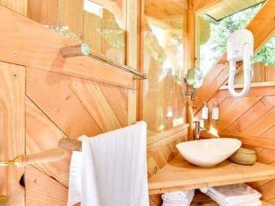 Cabane en bois avec lavabo design et lumière naturelle abondante.