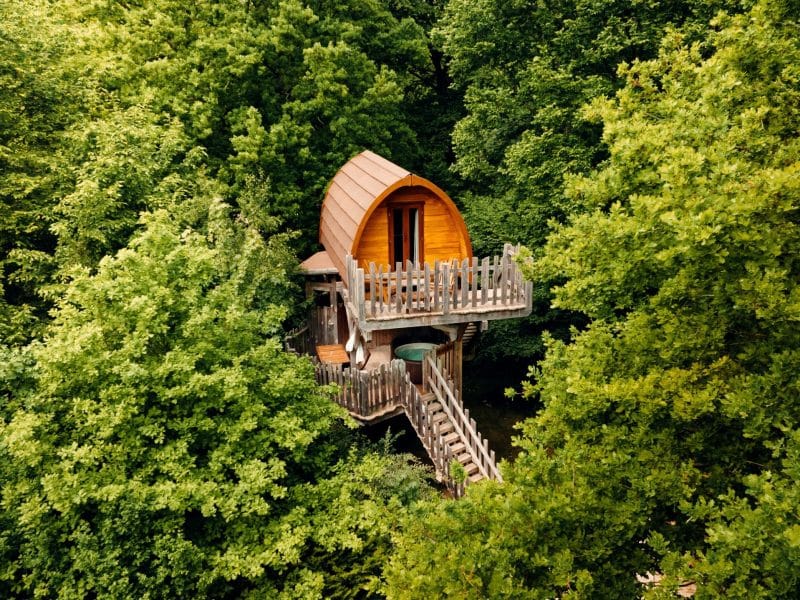 Cabane perchée en bois, nichée dans les arbres, entourée de verdure luxuriante.