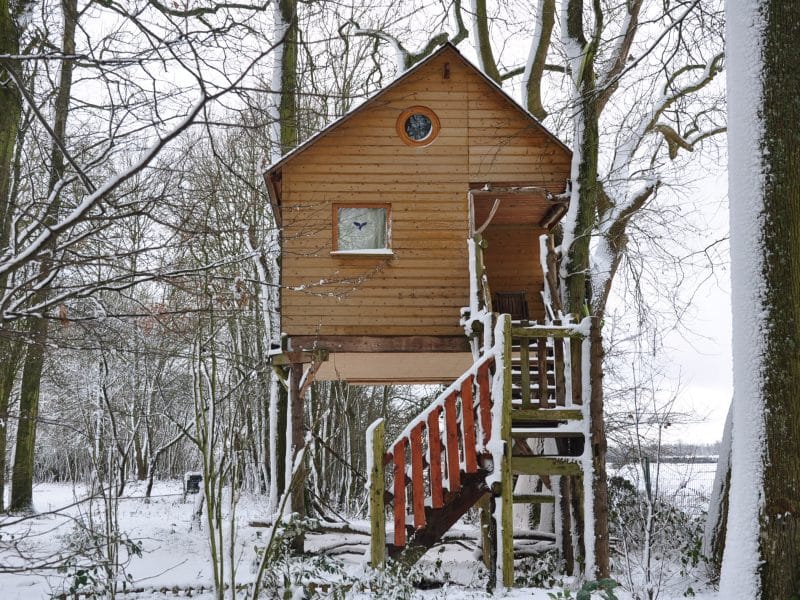 Cabane dans les arbres en bois, perchée, entourée de neige et de sapins.