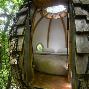 Cabane perchée dans les arbres, avec un lit douillet et des murs en bois.