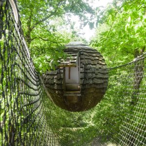 Cabane suspendue dans les arbres, entourée de verdure luxuriante.
