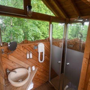 Cabane en bois avec salle de bain moderne, vue sur la nature verdoyante.