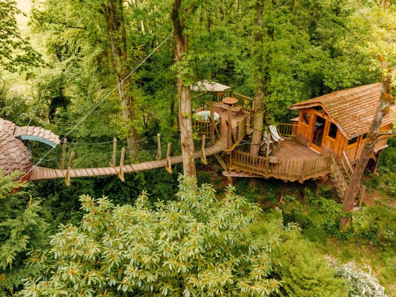 Cabane perchée dans les arbres, avec une terrasse en bois entourée de verdure luxuriante.