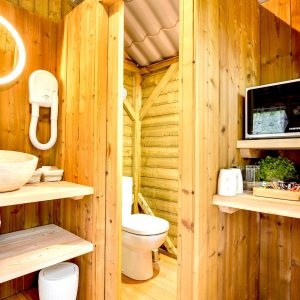 Cabane en bois cosy avec salle de bain, kitchenette et décoration chaleureuse.