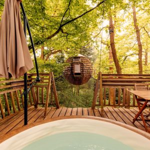 Cabane perchée dans les arbres avec jacuzzi, entourée de verdure apaisante.