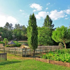 Hébergement insolite en Aquitaine avec un jardin potager et des arbres verdoyants.