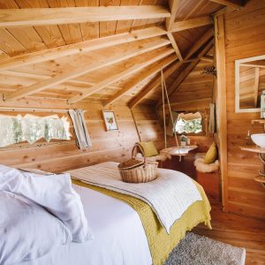 Cabane en bois chaleureuse avec lit douillet et décor naturel à Pays de la Loire.