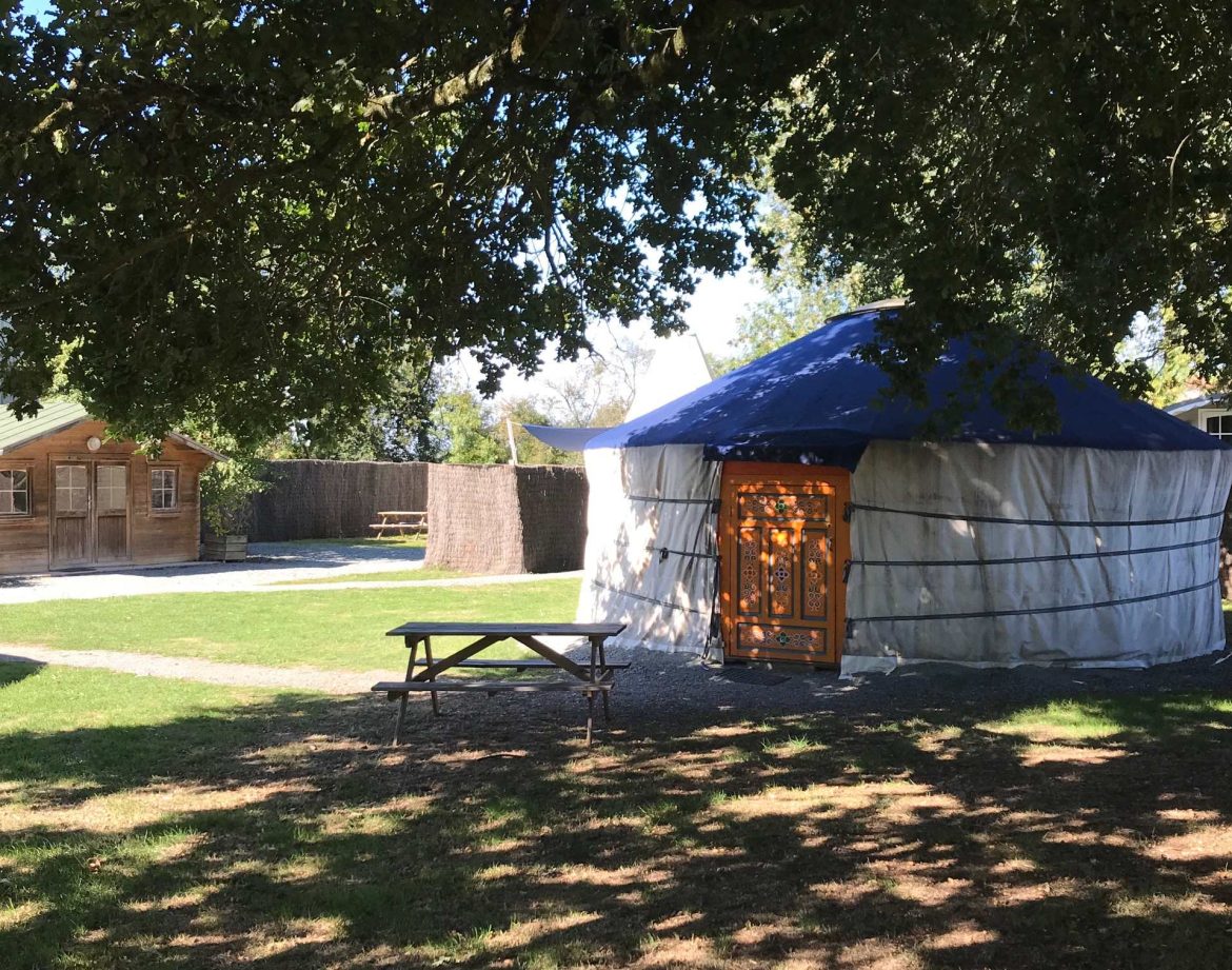 Yourte traditionnelle avec porte en bois, entourée dun jardin verdoyant.